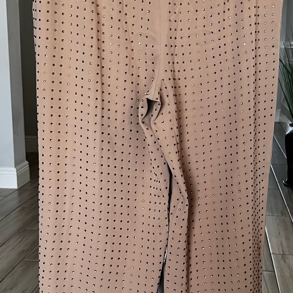 Express Tan Wide Leg Rhinestone Studded Trousers with Chic Appeal